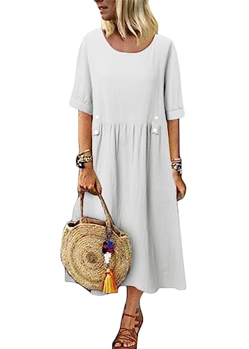 ticticlily Kleider Damen Baumwolle und Leinen Sommerkleid Midikleid Casual Lose Elegant Strandkleid Freizeitkleid Swing Tuniken Boho Langes Kleid Große Größe C Weiß XXL von ticticlily