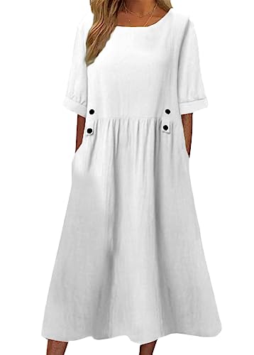 ticticlily Kleider Damen Baumwolle und Leinen Sommerkleid Midikleid Casual Lose Elegant Strandkleid Freizeitkleid Swing Tuniken Boho Langes Kleid Große Größe D Weiß XXL von ticticlily