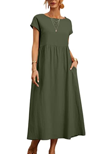 ticticlily Kleider Damen Baumwolle und Leinen Sommerkleid Midikleid Casual Lose Elegant Strandkleid Freizeitkleid Swing Tuniken Kleid Große Größe Boho Langes Kleid mit Taschen A Armeegrün M von ticticlily