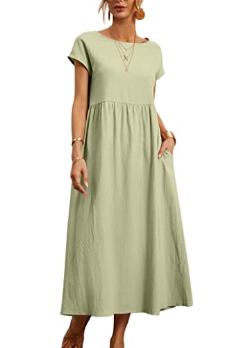 ticticlily Kleider Damen Baumwolle und Leinen Sommerkleid Midikleid Casual Lose Elegant Strandkleid Freizeitkleid Swing Tuniken Kleid Rockkleid Große Größe Boho Langes Kleid mit Taschen A Grün XXL von ticticlily