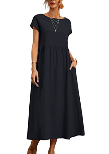 ticticlily Kleider Damen Baumwolle und Leinen Sommerkleid Midikleid Casual Lose Elegant Strandkleid Freizeitkleid Swing Tuniken Kleid Rockkleid Große Größe Boho Langes Kleid mit Taschen A Marine L von ticticlily