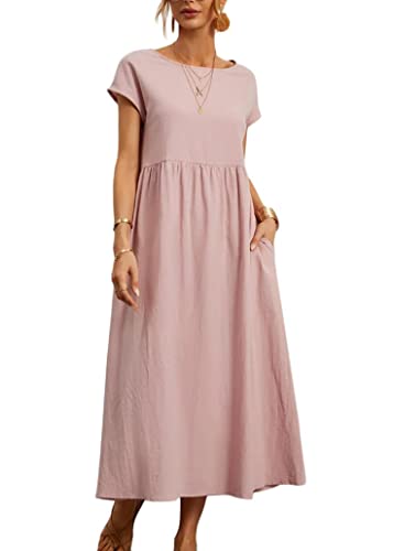 ticticlily Kleider Damen Baumwolle und Leinen Sommerkleid Midikleid Casual Lose Elegant Strandkleid Freizeitkleid Swing Tuniken Kleid Rockkleid Große Größe Boho Langes Kleid mit Taschen A Rosa XXL von ticticlily