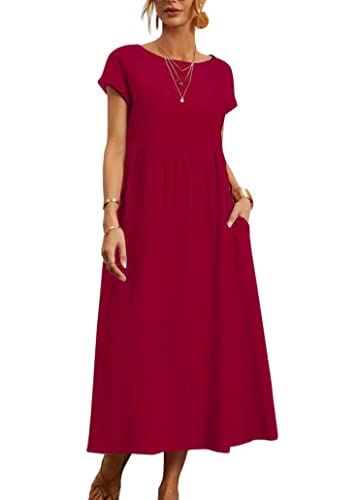 ticticlily Kleider Damen Baumwolle und Leinen Sommerkleid Midikleid Casual Lose Elegant Strandkleid Freizeitkleid Swing Tuniken Kleid Rockkleid Große Größe Boho Langes Kleid mit Taschen A Rot 3XL von ticticlily