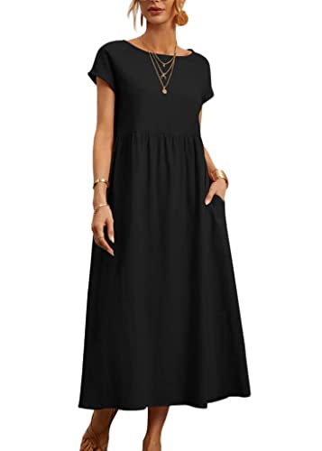 ticticlily Kleider Damen Baumwolle und Leinen Sommerkleid Midikleid Casual Lose Elegant Strandkleid Freizeitkleid Swing Tuniken Kleid Rockkleid Große Größe Boho Langes Kleid mit Taschen A Schwarz XL von ticticlily