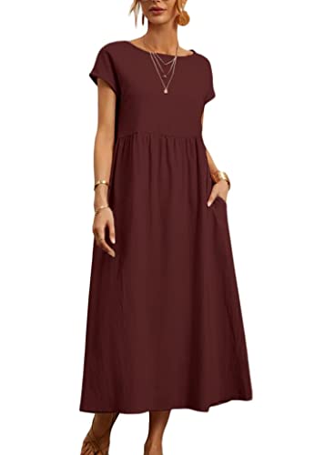 ticticlily Kleider Damen Baumwolle und Leinen Sommerkleid Midikleid Casual Lose Elegant Strandkleid Freizeitkleid Swing Tuniken Kleid Rockkleid Große Größe Boho Langes Kleid mit Taschen A Weinrot L von ticticlily