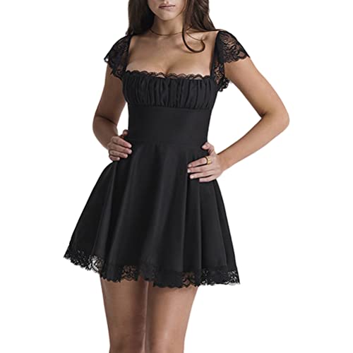 ticticlily Kleider Damen Elegant Sexy Sommerkleider Mini Kurz Casual Club Spaghetti Träger Ärmellos Partykleid Leicht Satin Chiffon Spitzen Kleider Einfarbig A2 Schwarz M von ticticlily