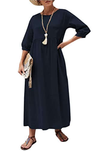 ticticlily Kleider Damen Lang Knielang Sommerkleider Elegant Baumwolle Leinen Midikleid Casual Basic Boho Strandkleid Freizeitkleid Swing Tunikenkleid mit Taschen Einfarbig B Navy Blau L von ticticlily