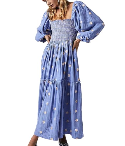 ticticlily Kleider Damen Lang Midikleid Rüschenkleid Elastizität Tunika Kleid Freizeitkleid Blumenkleid Blusenkleid Partykleider A Blau XL von ticticlily