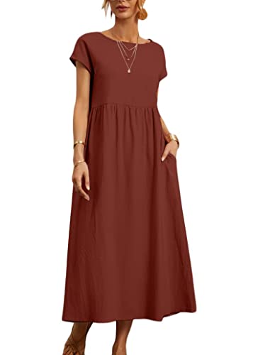 ticticlily Kleider Damen Sommer Kurzarm Baumwolle und Leinen Kleid Boho Lange Midi Kleid Vintage Literarischer Stil Sommerkleid Strandkleid Swing Kleid Oversized Freizeitkleider A Orange XXL von ticticlily