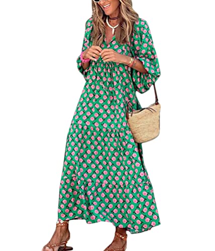 ticticlily Kleider Damen Sommer Lange Elegant Boho Kurzarm mit V-Ausschnitts Sommerkleider Rüschen Boho Blumendrucken Casual Lose Swing Maxikeid Blumenkleid Strandkleid Frühling Grün M von ticticlily