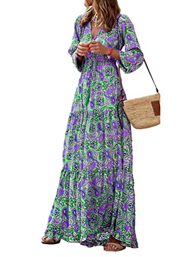 ticticlily Kleider Damen Sommer Lange Elegant Boho Langarm mit V-Ausschnitts Sommerkleider Rüschen Boho Blumendrucken Casual Lose Swing Maxikeid Blumenkleid Strandkleid Frühling C Grün XL von ticticlily