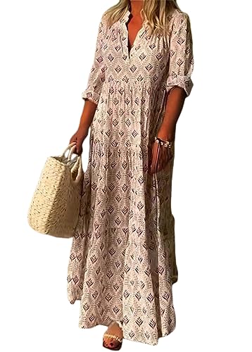 ticticlily Kleider Damen Sommer Lange Elegant Boho Langarm mit V-Ausschnitts Sommerkleider Rüschen Boho Blumendrucken Casual Lose Swing Maxikeid Blumenkleid Strandkleid Frühling G Rosa L von ticticlily