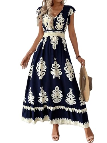 ticticlily Kleider Damen Sommer Midi Lange Elegant Boho Kurzarm V-Ausschnitts Gummibund Boho Musterdrucken Sommerkleider Casual Swing Blumenkleid Strandkleid Kleidung A Dunkelblau M von ticticlily
