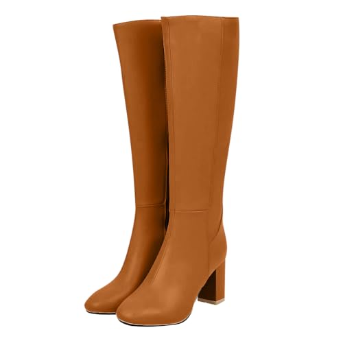 ticticlily Kniehohe Stiefel Flache Damenstiefel Lange Boots Blockabsatz mit Reißverschlüssen A Gelb 40 EU von ticticlily