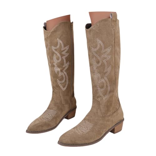 ticticlily Langschaft Stiefel Damen Cowboy Stiefel Biker Boots Retro Reißverschluß Blockabsatz Winter Bestickte Stiefel Westernstiefel Halbhohe Stiefel A Khaki 41 EU von ticticlily