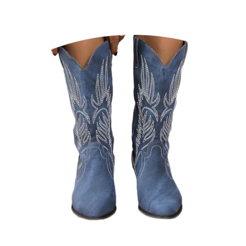 ticticlily Langschaft Stiefel Damen Cowboy Stiefel Retro Cowboy Boots Blockabsatz Winter Herbst Stiefel Westernstiefel Halbhohe Stiefel B Blau 43 EU von ticticlily