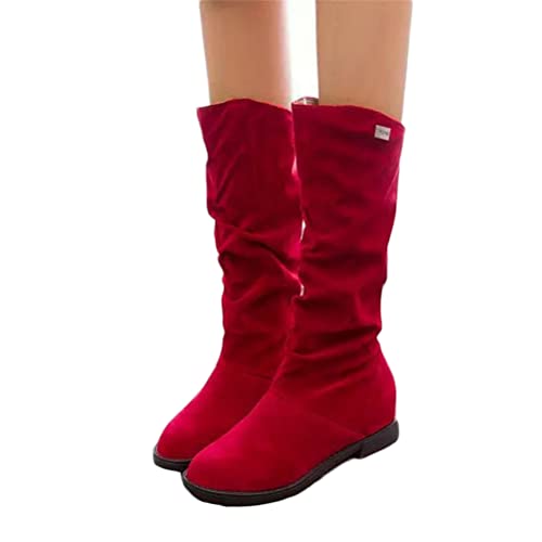 ticticlily Langschaft Stiefel Damen Slip-On Boots Blockabsatz Winter Herbst Stiefel Westernstiefel Halbhohe Stiefel C Rot 39 EU von ticticlily