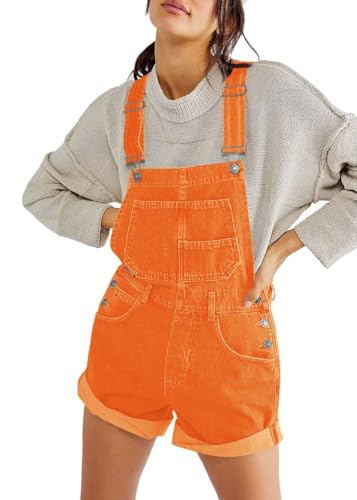 ticticlily Latzhose Damen Jumpsuit Casual Elegant Kurze Jeans Ärmellos Hohe Taille Denim Overall mit Taschen Einteiler Playsuit Träger Shortalls Sommer A Orange M von ticticlily