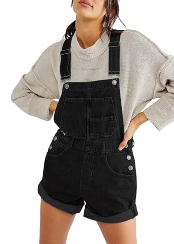 ticticlily Latzhose Damen Jumpsuit Casual Elegant Kurze Jeans Ärmellos Hohe Taille Denim Overall mit Taschen Einteiler Playsuit Träger Shortalls Sommer A Schwarz M von ticticlily