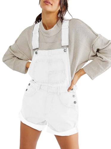 ticticlily Latzhose Damen Jumpsuit Casual Elegant Kurze Jeans Ärmellos Hohe Taille Denim Overall mit Taschen Einteiler Playsuit Träger Shortalls Sommer A Weiß M von ticticlily