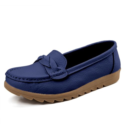 ticticlily Leder Bootsschuhe Damen Loafers Bequem Keilabsatz Slip On Mokassins Klassisch rutschfest Halbschuhe Fahren Slipper Freizeit Hausschuhe A Blau 40 EU von ticticlily