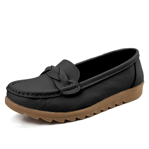 ticticlily Leder Bootsschuhe Damen Loafers Bequem Keilabsatz Slip On Mokassins Klassisch rutschfest Halbschuhe Fahren Slipper Freizeit Hausschuhe A Schwarz 35 EU von ticticlily