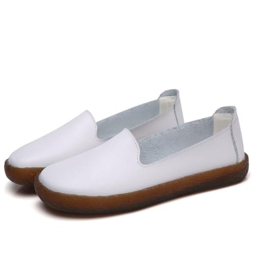 ticticlily Leder Bootsschuhe Damen Loafers Bequem Keilabsatz Slip On Mokassins Klassisch rutschfest Halbschuhe Fahren Slipper Freizeit Hausschuhe C Weiß 39 EU von ticticlily