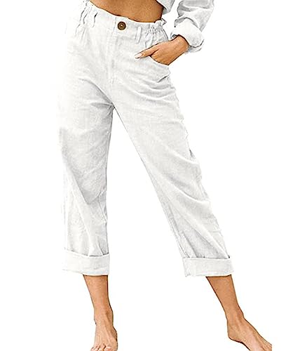 ticticlily Leinen Hosen Damen 3/4 Sommerhose Leicht Luftig Freizeithose Stoffhose Caprihosen Casual Elastizität Bund Gerades Bein Strand Home Hosen Haremshosen Große Größen A Weiß XXL von ticticlily