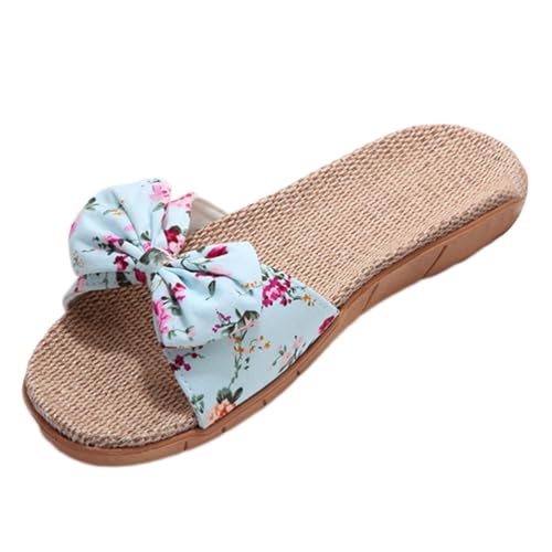ticticlily Leinen Pantoletten Damen Sommer Mode Boho Blume Flache Schuhe Flip Flops Badelatschen Strandschuhe Duschlatschen Freizeitschuhe A Blau 39/40 EU von ticticlily