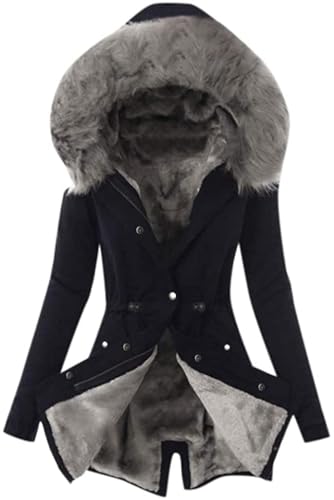 ticticlily Mantel Damen Herbst Winter Parka mit Kapuze Lange Kunstfell Wintermantel Elegant Winterjacke Slim Trenchcoats Einfarbig Casual Daunenmantel fur Damen Schwarz XL von ticticlily