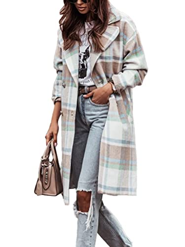 ticticlily Mantel Damen Kariertes Lange Button Down Jacken Holzfällerjacke Langarm Freizeithemd mit Revers Casual Elegant Chic Oversized Übergangsmantel Windmantel B1 Blau M von ticticlily