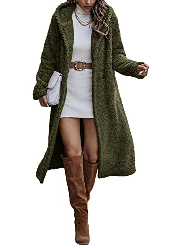 ticticlily Mantel Damen Lang Winter Jacke Sherpa Plüschmantel Kapuzenmantel Fleecejacke Chic Elegant Langarm mit Kapuzen Jacken Teddy Wollmantel Pullover Coat Outwear A Grün S von ticticlily