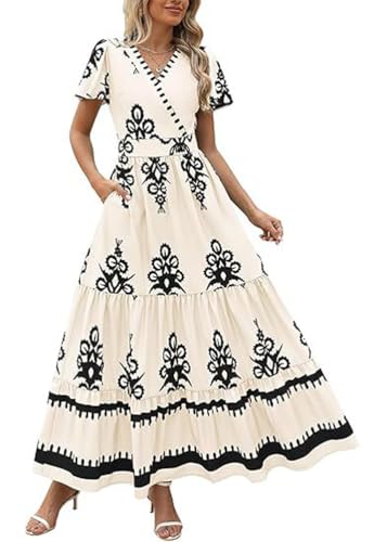 ticticlily Maxi Kleid Damen Sommerkleid Elegant Kurzarm V Ausschnitt Elastischer Bund High Waist Plissee Swing Dress A Beige M von ticticlily