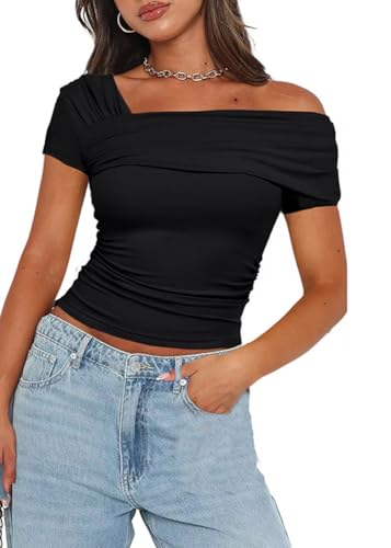 ticticlily Oberteile Damen Kurzarm T-Shirt Cold Shoulder Crop Tops Casual Sexy Chic Cropshirt Slim-Fit Bodycon Y2K Tops A Schwarz M von ticticlily