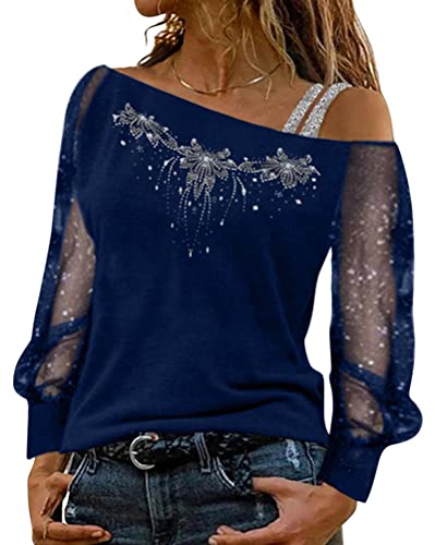 ticticlily Oberteile Damen Langarm Shirt Schulterfrei Tunika Bluse Tops Pailletten Pullover Elegant Basic Casual Lose Paillettendruck Blusen Mode Freizeit Sportshirt Laufshirt E Blau XL von ticticlily