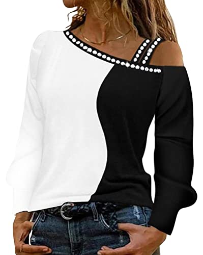 ticticlily Oberteile Damen Langarm Shirt Schulterfrei Tunika Bluse Tops Pailletten Pullover Elegant Basic Casual Lose Paillettendruck Blusen Mode Freizeit Sportshirt Laufshirt F Weiß L von ticticlily