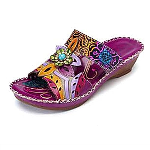 ticticlily Orthopädische Sandalen Damen Boho Elegante Sommerschuhe Keilabsatz Plateau Pantoletten Riemen Mit Absatz Plattform Mit Fussbett Slipper Hausschuhe Slides Damenschuhe Frauen A Violett 43 von ticticlily