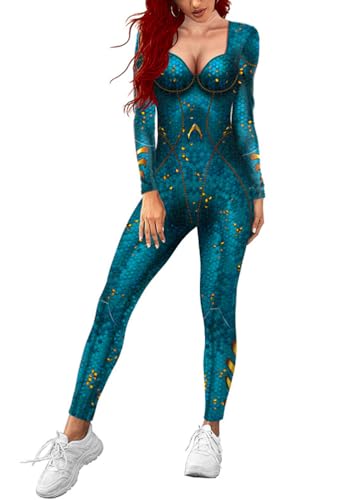 ticticlily Overall Jumpsuit Damen Ganzanzug Langarm mit Fischschuppe 3D Druck Faschingskostüm Halloween Karneval Fasching Kostüm Romper A12 L von ticticlily