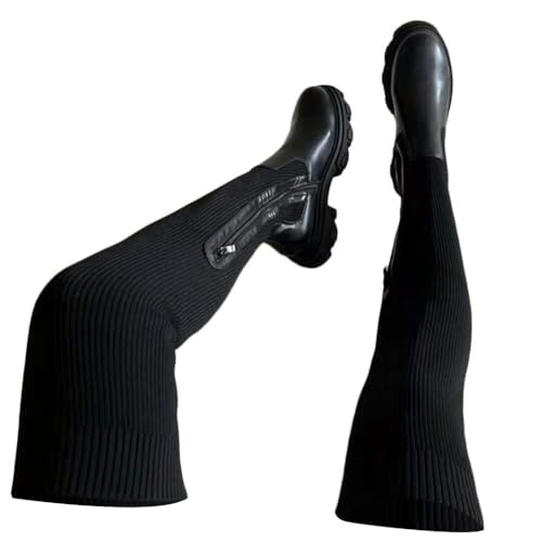 ticticlily Overknees Stiefel Damen Boots Reißverschluss Frauen Kniehoch Langschaft Blockabsatz Elastisch Strick Lang Boots A Schwarz 41 EU von ticticlily