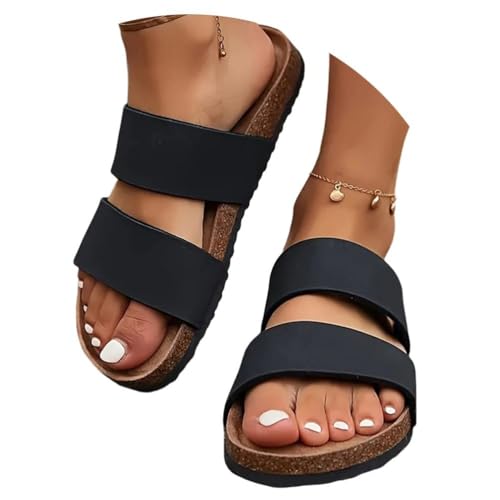 ticticlily Pantoletten Damen Sandalen mit Kork Fußbett Bequeme Sommer Flach Hausschuhe A Schwarz 39 EU von ticticlily