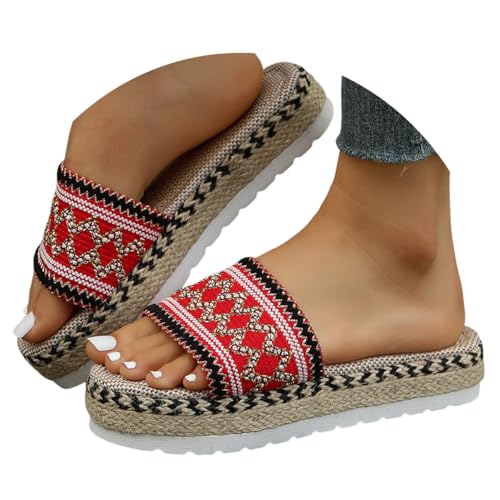 ticticlily Pantoletten Damen Sommer Bunt Espadrilles Boho Plateau Sandalen Offener Zeh Hausschuhe Schlappen A Rot 38 EU von ticticlily