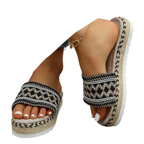 ticticlily Pantoletten Damen Sommer Bunt Espadrilles Boho Plateau Sandalen Offener Zeh Hausschuhe Schlappen A Schwarz 41 EU von ticticlily