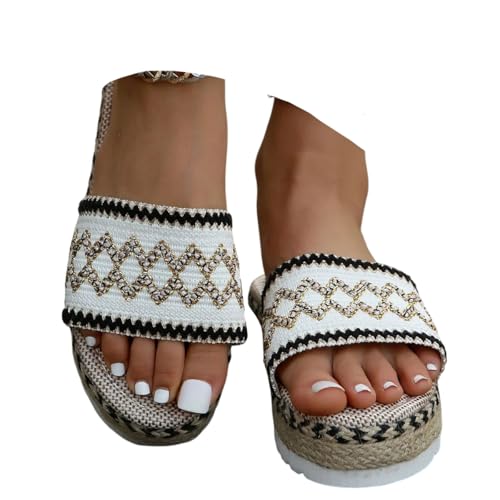 ticticlily Pantoletten Damen Sommer Bunt Espadrilles Boho Plateau Sandalen Offener Zeh Hausschuhe Schlappen A Weiß 41 EU von ticticlily
