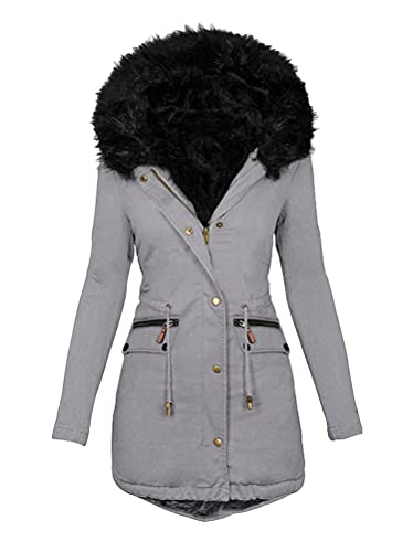 ticticlily Parka Mantel Damen Winter Warm Lang Elegant Winterparka Kunstfell Steppmantel mit Kapuze Loose Jacke Trenchcoats Wintermantel mit Taschen Herbstmantel Große Größen Grau M von ticticlily