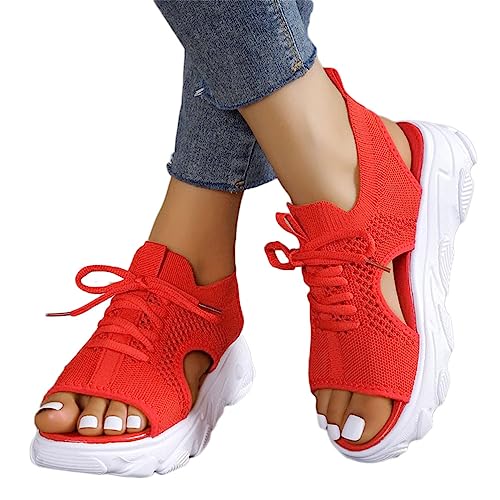 ticticlily Plateau Sandalen Damen Sommer Outdoor Orthopädische Schuhe Stricken Leichte Open Toe Sandaletten A Rot 36 EU von ticticlily