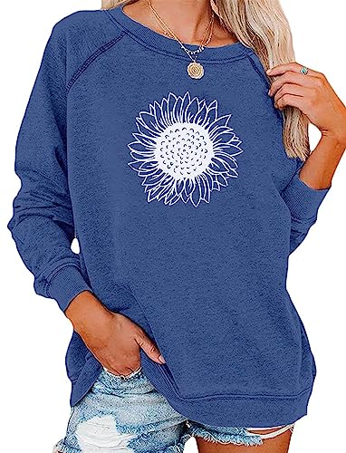 ticticlily Pullover Damen Casual Langarm Rundhals Lässiges Pulli Oberteiles Tops Langarmshirts Sweatshirts Funny Sweater Jumper Herbst Winter Einfarbig A Blau M von ticticlily