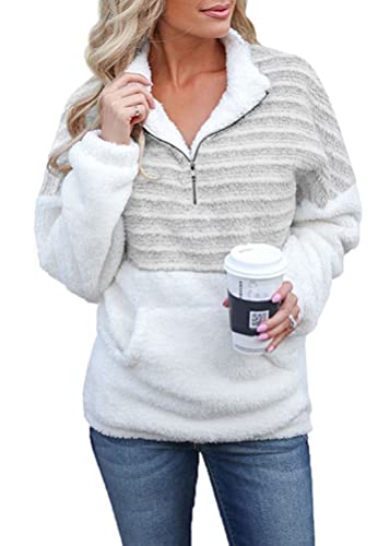 ticticlily Pullover Damen Winter Warm Casual Teddy Plüsch Sweatshirts Langarm V-Ausschnitts mit Reißverschluss Lässiges Pulli mit Taschen Sweater Tunika Oberteile Top Herbst Große Größen B Grau XL von ticticlily