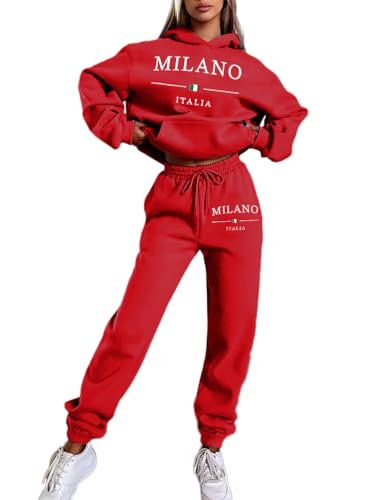 ticticlily Pullover und Jogginghose Damen 2-Teiliges Set Jogginganzug Hoodie Sweatshirt mit Kapuze Gedruckter Brief Sporthose Trainingsanzug Sportkleidung Freizeitanzug A Rot XL von ticticlily