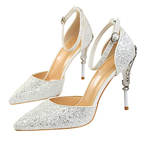 ticticlily Damen Spitze Pumps mit Pfennigabsatz Strass Pumps A Weiß 35 EU von ticticlily