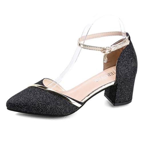 ticticlily Pumps Damen Riemchenpumps Spangenpumps Sandale mit Knöchelriemen Blockabsatz Geschlossener Spitze Glitzer Brautschuhe Pumps für Hochzeiten und Partys B Schwarz 39 EU von ticticlily
